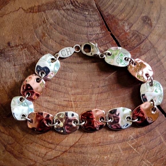 Silver and copper hammered detail link braclet - Picture 4 of 5